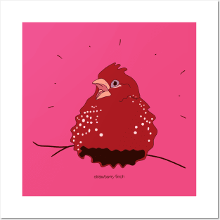 illustrations of red strawberry finch perched on tree branch Posters and Art